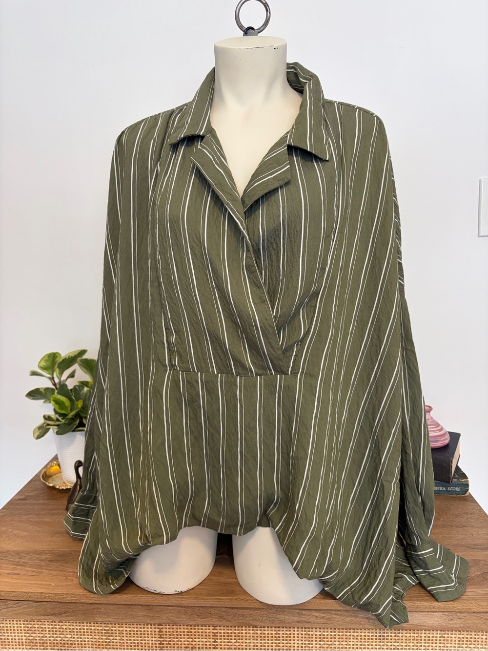 Anthropologie Olive Green Striped Wrap Blouse